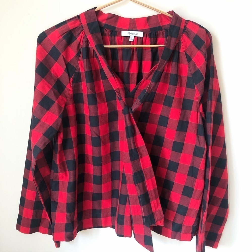MADEWELL black & red buffalo check plaid front tie popover shirt M